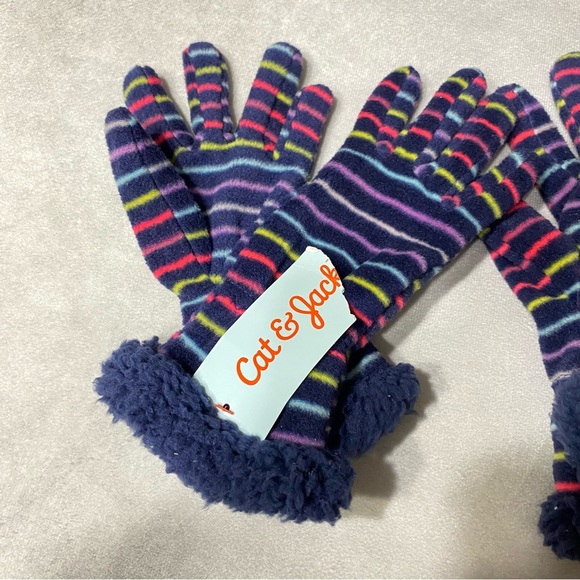 Cat & Jack Girls Winter Gloves Fleece Navy Striped Lot Of 2 Gloves Sz 4-7 8-16 - Picture 3 of 8